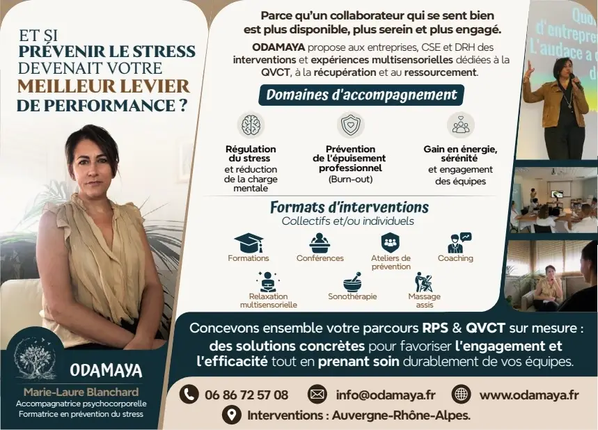 Encart ODAMAYA publié en page 7 du catalogue Passerelle CSE-DRH : prévention du stress et qualité de vie au travail