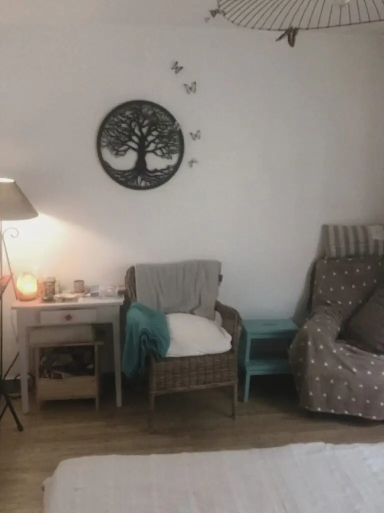 Salle de soins l’Astrée à Montbrison : fauteuils, lampe et arbre de vie au mur