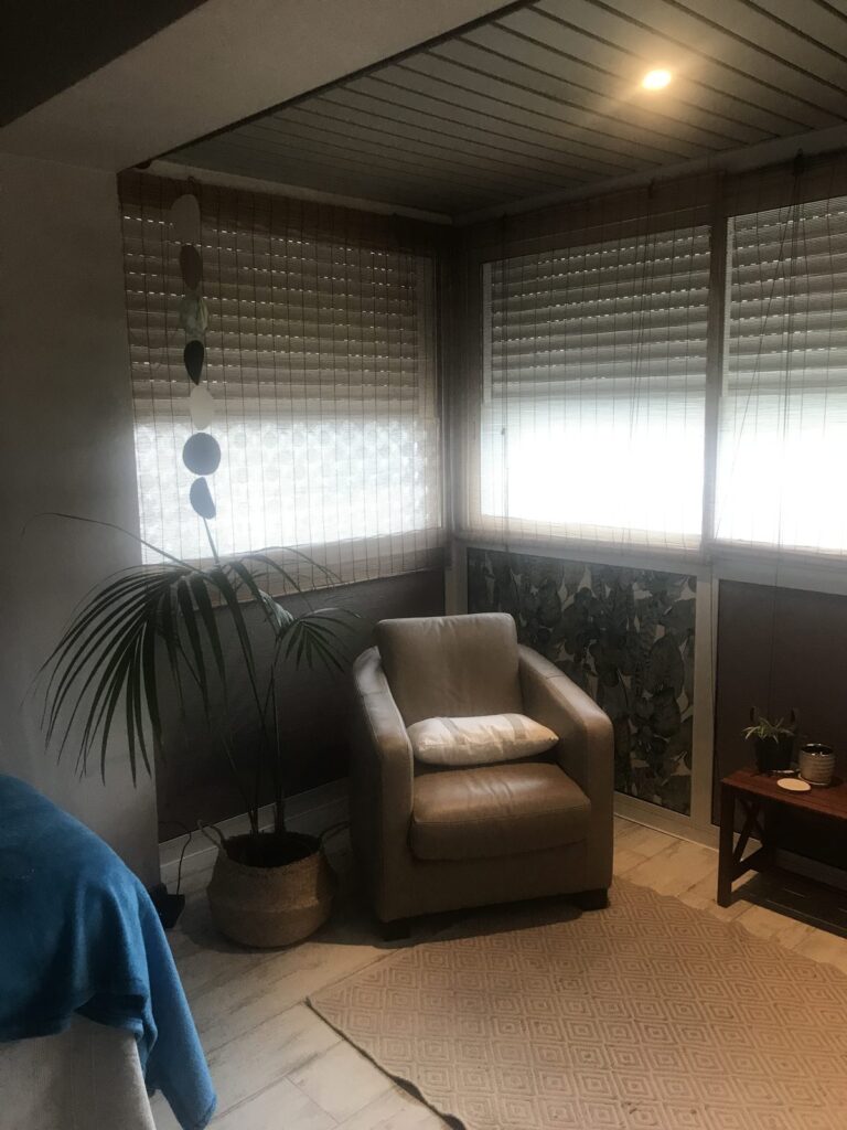 Coin fauteuil et plante de la salle de soins Bulle d’R à Montrond-les-Bains
